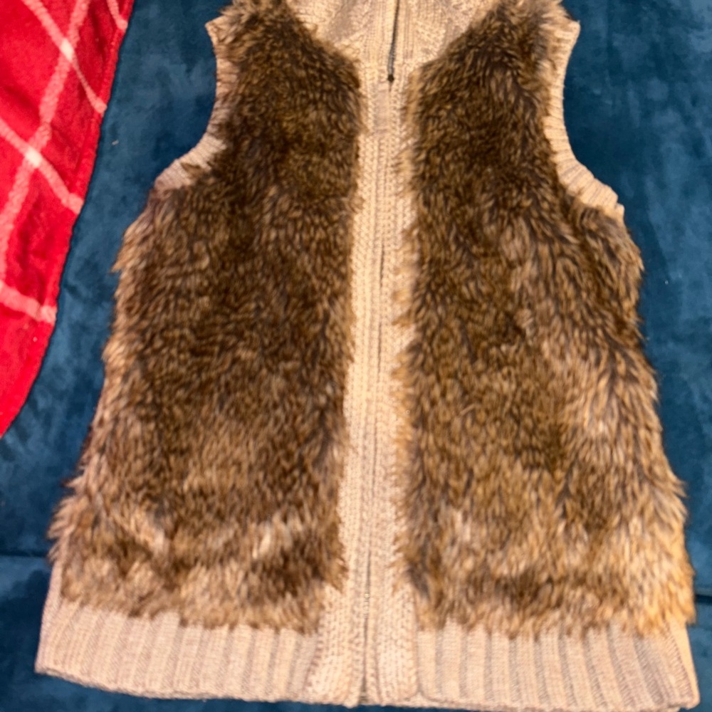 Faux Fur Vest with Knit Trim and Zipper